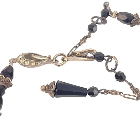 Czech Glass Bead and Sterling Silver Black Necklace Marcasite Mid Century - Picture 8 of 9